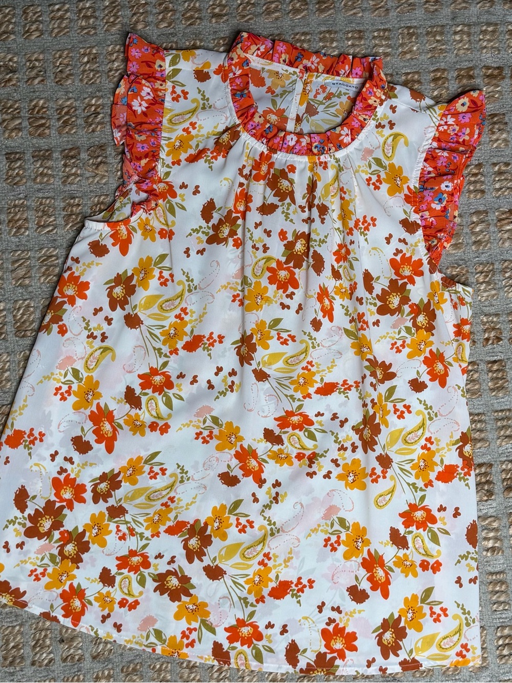 Staccato White Floral Ruffle Sleeve Top with Orange & Yellow